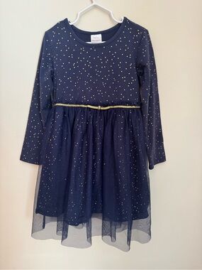 Hanna Andersson Shimmer Star Tulle Dress Girls Size 5 Navy Blue Gold Sparkle